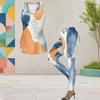 Women Plus Size Two Piece Set Scoop Neck Sleeveless Tank Top White Blue Green Printed Fitted Pants