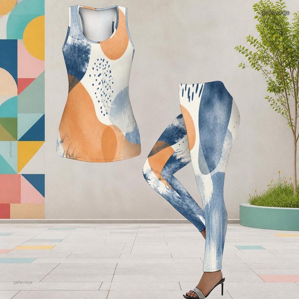 Women Plus Size Two Piece Set Scoop Neck Sleeveless Tank Top White Blue Green Printed Fitted Pants