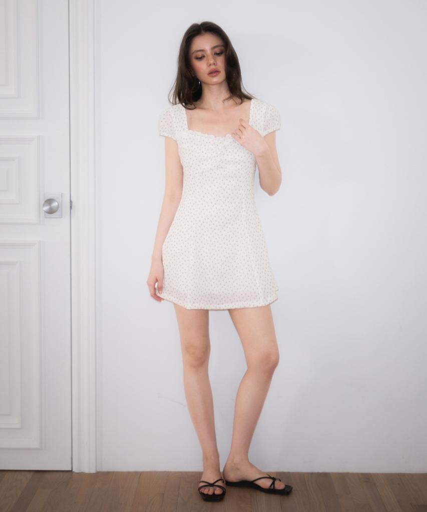 ROSEFRANTZ Lace Shirring Button Flare Dress [Ivory]