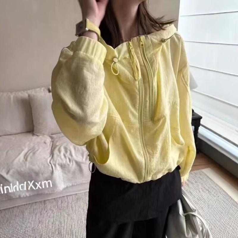 Women's Summer Korean Style Hooded Short Jacket, Versatile and Loose with Double Zipper, Mesh Lining, Sun Protection, Thin.