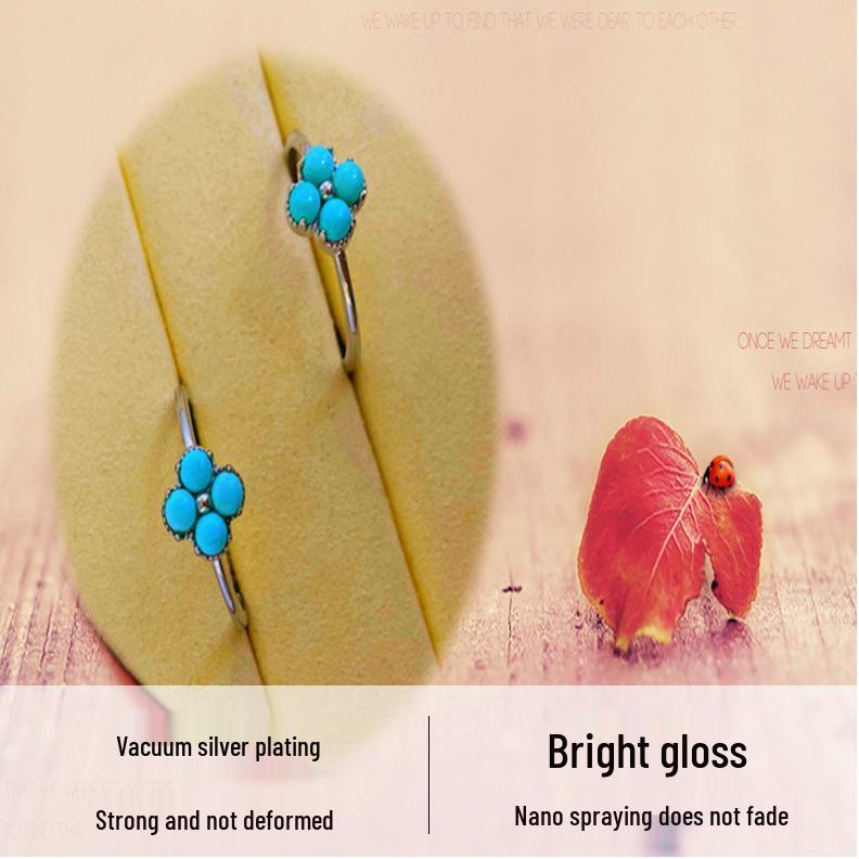 S925 Silver Natural Hubei Turquoise Four-Leaf Clover Ring for Women - Adjustable and High Porcelain Finish