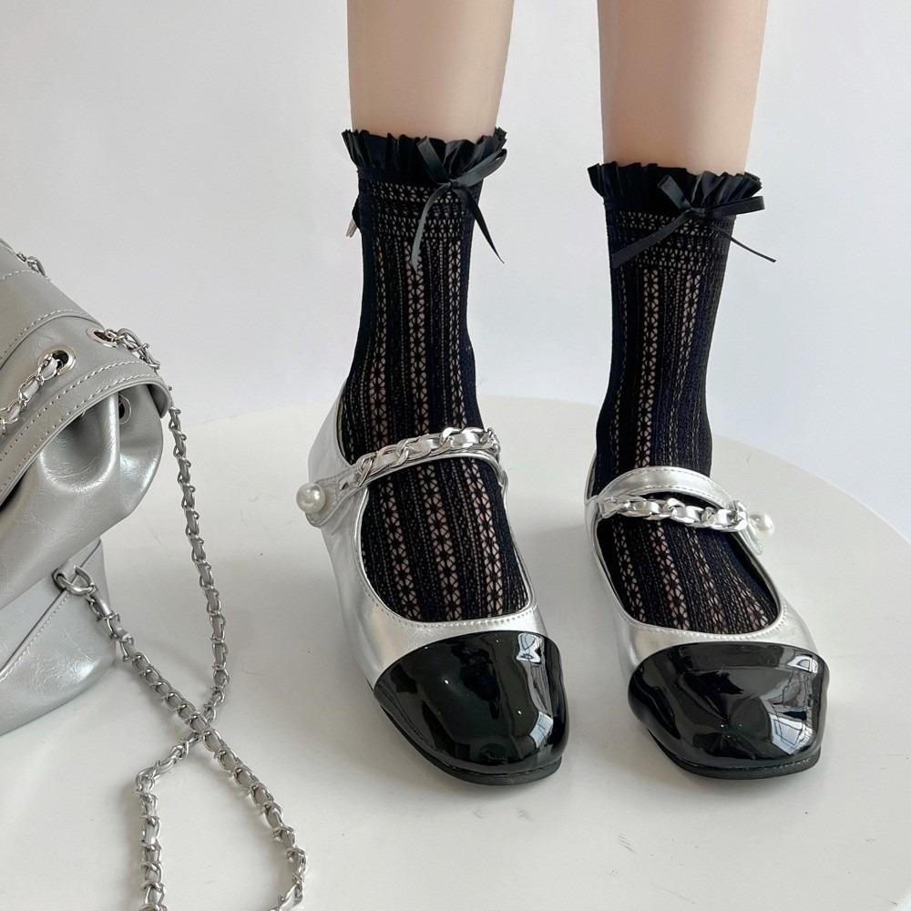 

1 Pair Thin Hollow Lace JK Socks Solid Color Mesh Fishnet Lolita Socks Bowknot Design Ruffles Design Long Socks Girls Wear One Size