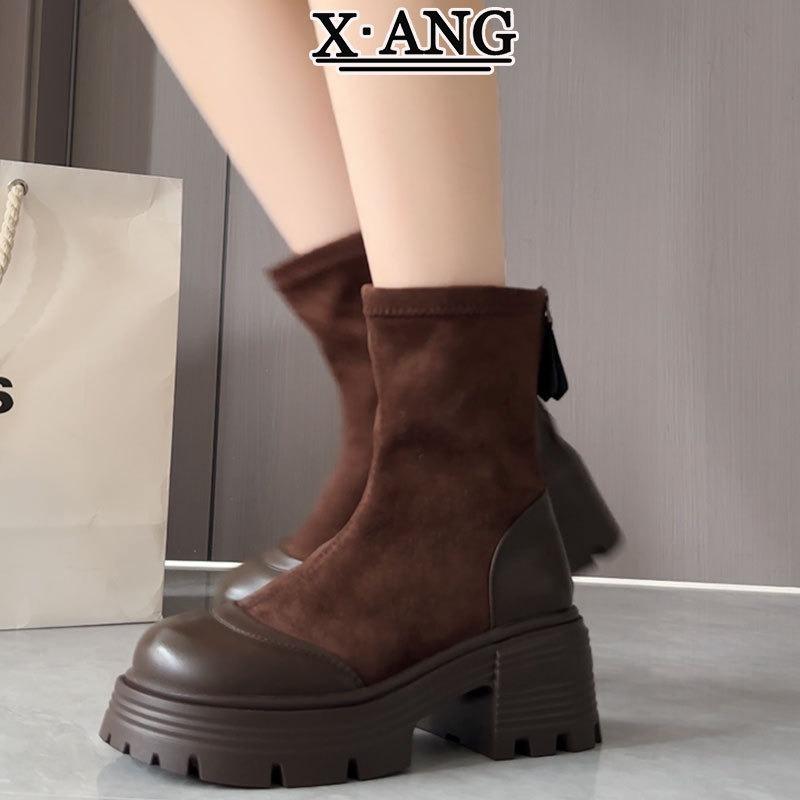 Maillard brown cm high heel small Martin boots women's thick heel short boots thick sole heightening elastic thin boots