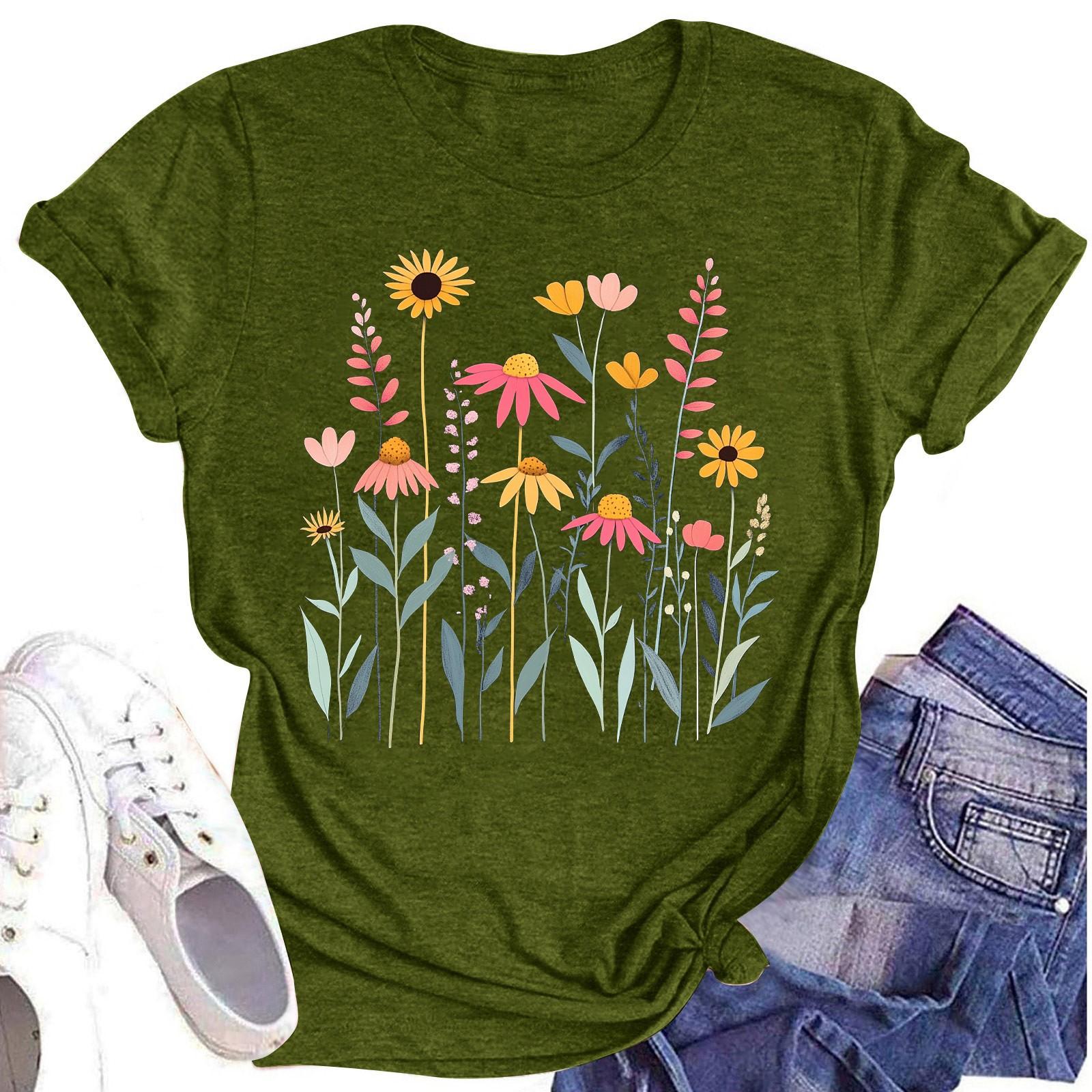 

Женская повседневная футболка с круглым вырезом и цветочным принтом, короткий рукав L армия зеленый