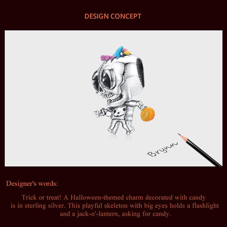 WOSTU Halloween Cute Trick Skull 925 Sterling Silver Charm Beads Fit Bracelet Bangle Fine Jewelry