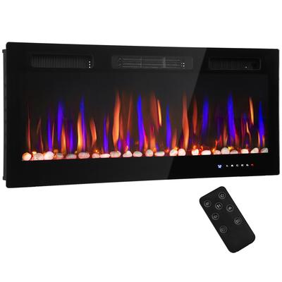 Ultratunn Infälld Väggmonterad Elektrisk Kamin med 3D-flamma, Justerbar Ljusstyrka/Hastighet och 12 Färger Stenar 900/1800W