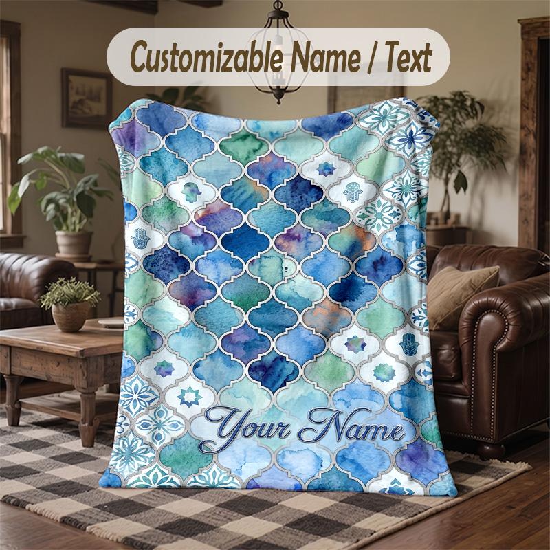Blue Flowers Art Theme Throw Blanket Custom Name Text Personalized Blanket Soft Cozy Blanket for Home Sofa Bed