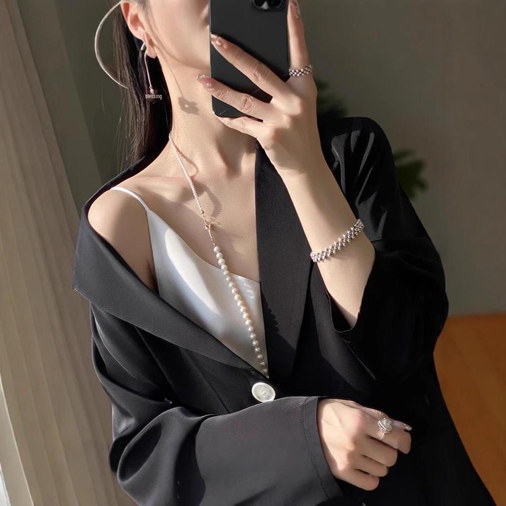 White Silk Satin Women's Suit Jacket - High-End Korean Style for Spring/Autumn 2025