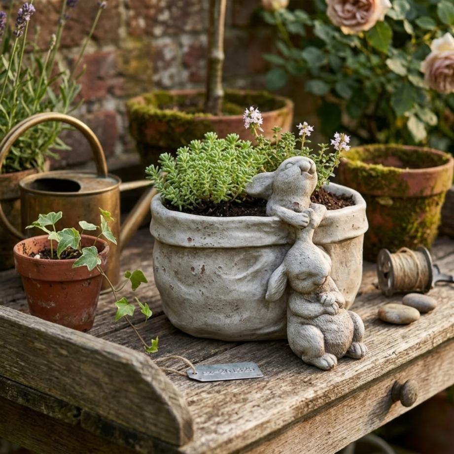 Bunny figurine with flowerpot cement vintage garden decoration