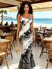 Women's Modern Elegant Casual Fashion Spring Summer Clothing Suspender Bodycon Mermaid Dress with Black and White Tie-Dye & Paisley Print Pattern