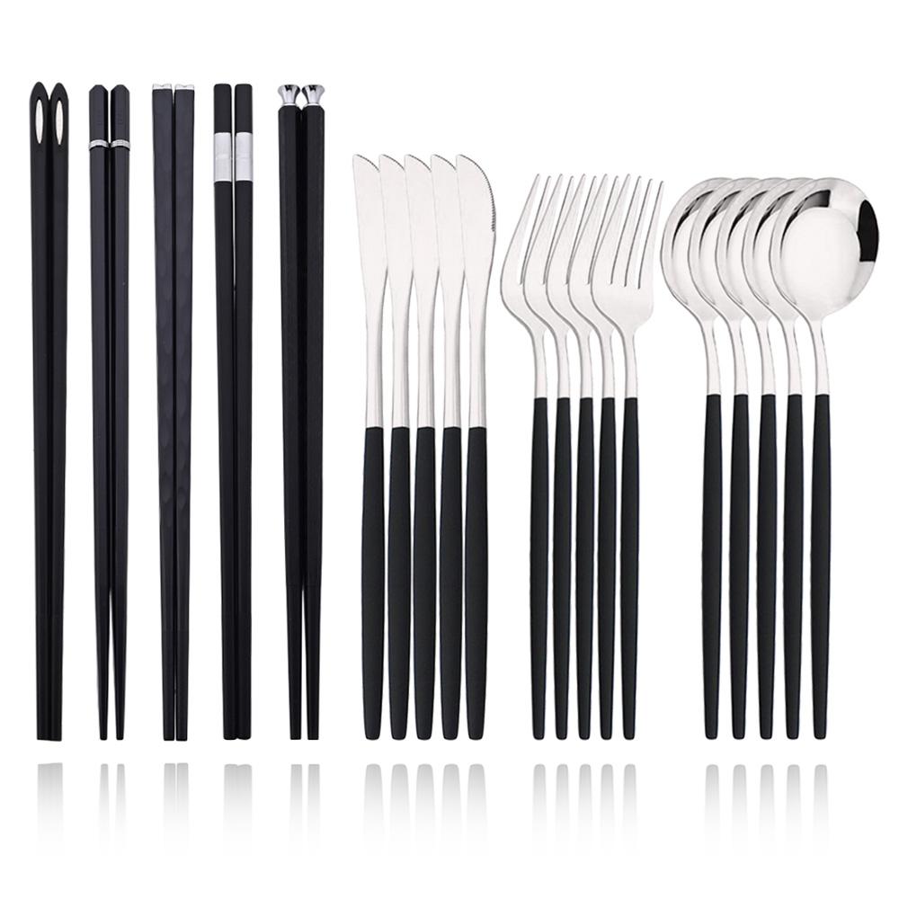 Black Gold Korean Tableware Set 15-20Pcs Luxury Cutlery Set Stainless Steel Dinnerware Knife Fork Spoon Chopsticks Cutlery Set