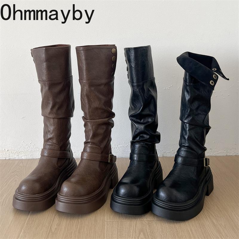 Autumn Winter Woman Knight Boots Concise Slip-On Thick Bottom Shoes Ladies Vintage Western Cowboy Botas De Mujer