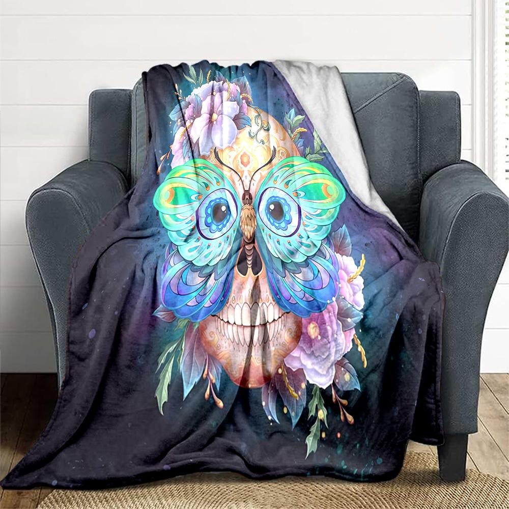 1pc Skull Butterfly Lightweight Flannel Blanket, Comfortable and Warm Blanket, for Office and Camping Sofa Bed, Livingroom091