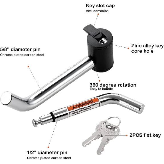 CZC AUTO Hitch Receiver Pin Lock, Right Angle 1/2" And 5/8" Dual P For Class I II III IV 1-1/4" 2" And 2-1/2" Receiver, Compatible With Bike Rack