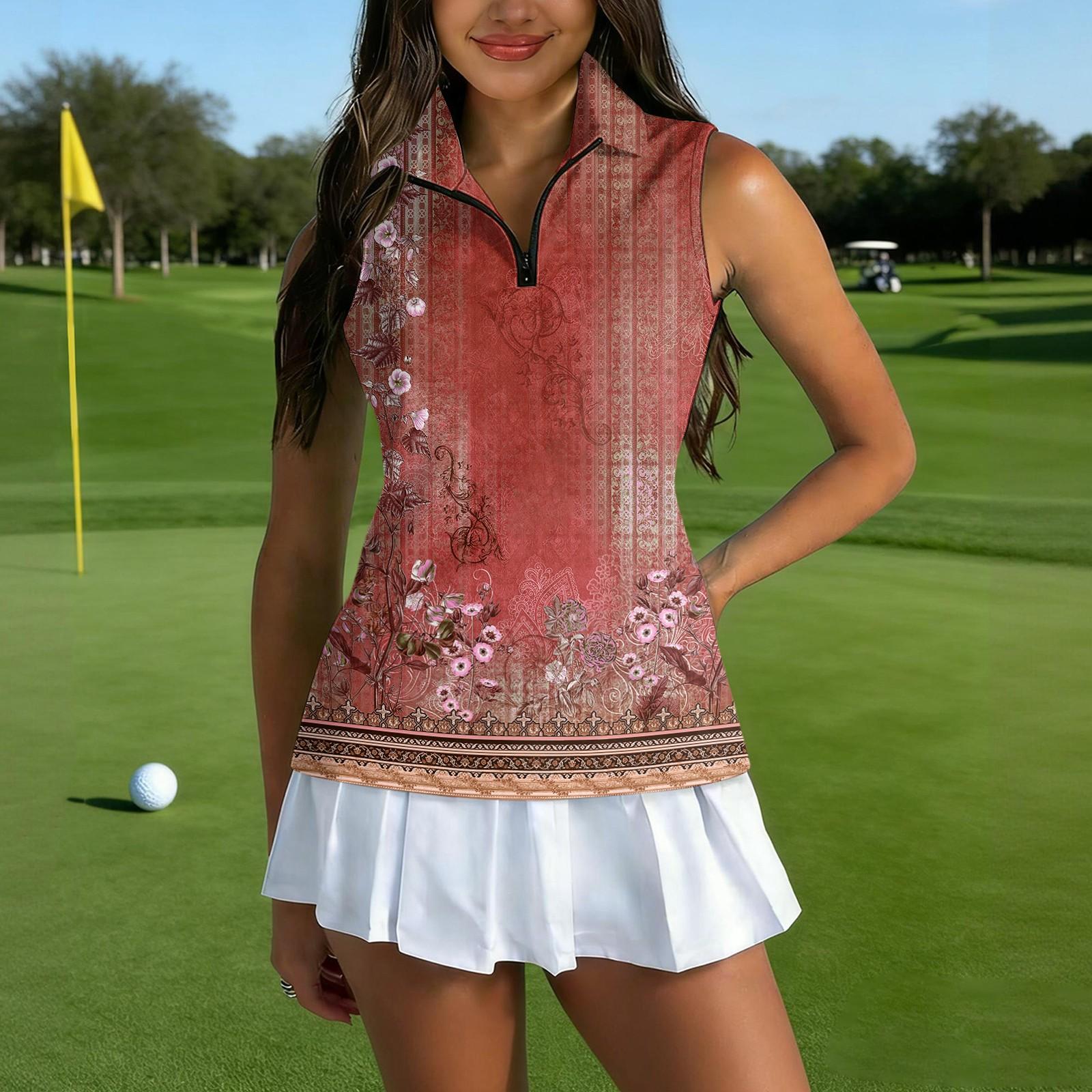 

Women’s Sleeveless Golf Shirt with Zip Collar Print Athletic Tank Top Sports Polo for Outdoor Activities XL Кіновар