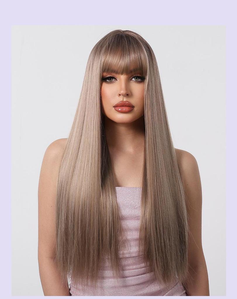 European Style Champagne Brown Long Straight Hair Wig with Bangs