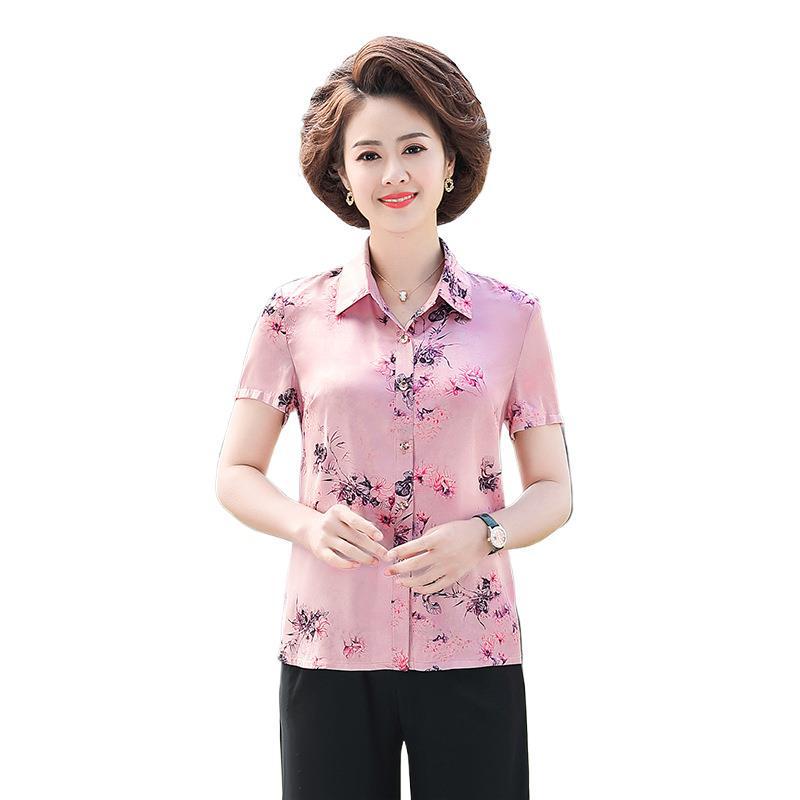 Silk Short-Sleeve Printed Lapel Shirt for Middle-Aged and Elderly Women - Stylish Summer Top