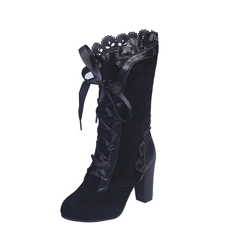 2022 Autumn/Winter Plus Size European & American Lace High-Heeled Mid-Calf Leather Fashion Boots for Women.