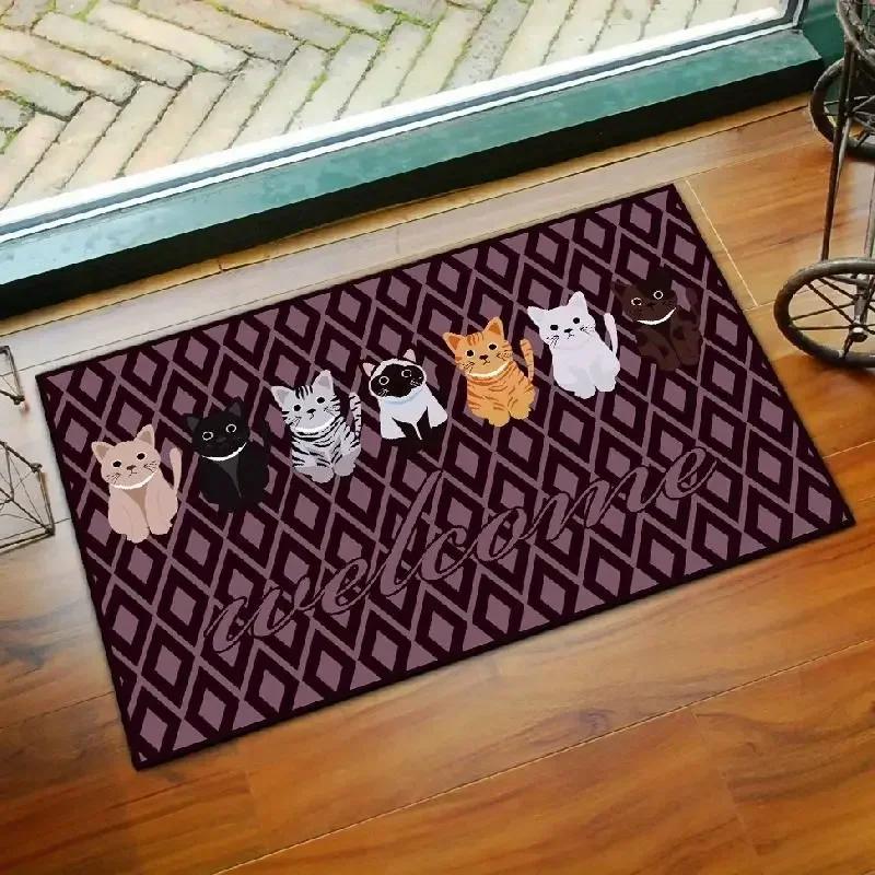 Tappetino con Disegno di Gatto Cartone Animato Antiscivolo Facile da Pulire Resistente alle Pieghe Zerbino Ingresso Esterno Pavimento Decorativo Tappeto Lavabile
