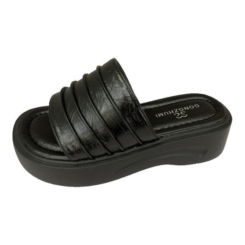 Thick Bottom Heightens Wrinkled Leather One-word Slippers Women's Summer 2025 New Outer Wear Soft Leather Soft Waxy Muffin Bottom Cool Slippers