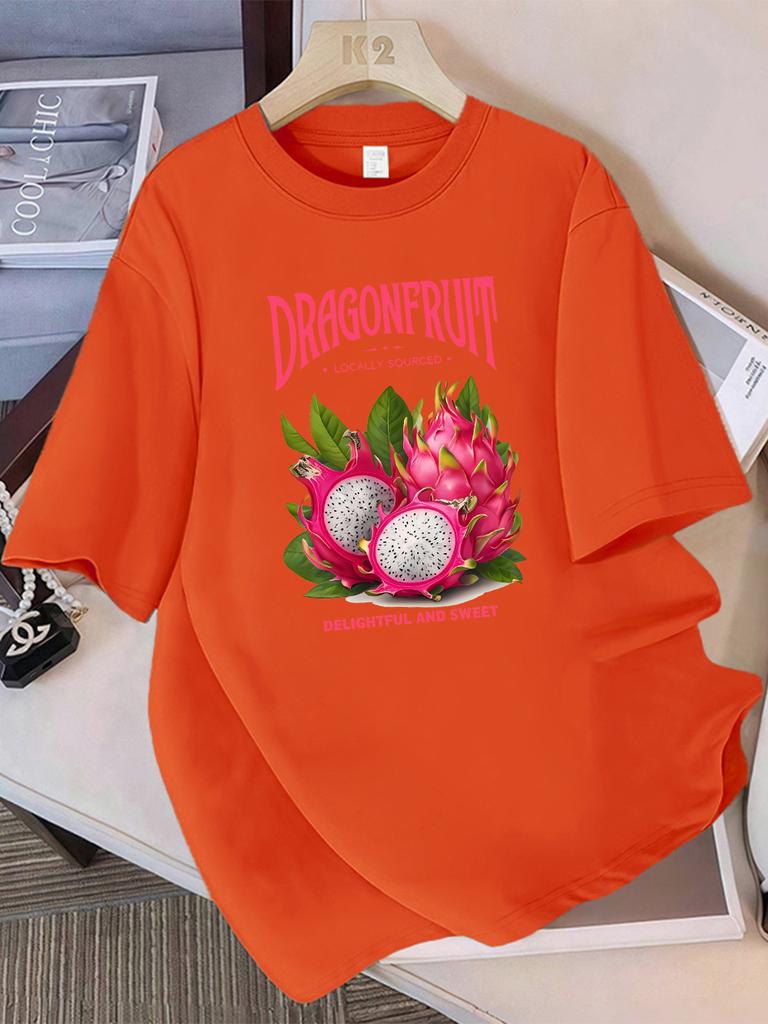 T-shirt Estive 100% Cotone Donna Frutto del Drago Stampe di Origine Locale Top Morbidi Larghi Girocollo Manica Corta Abbigliamento Donna per le Vacanze