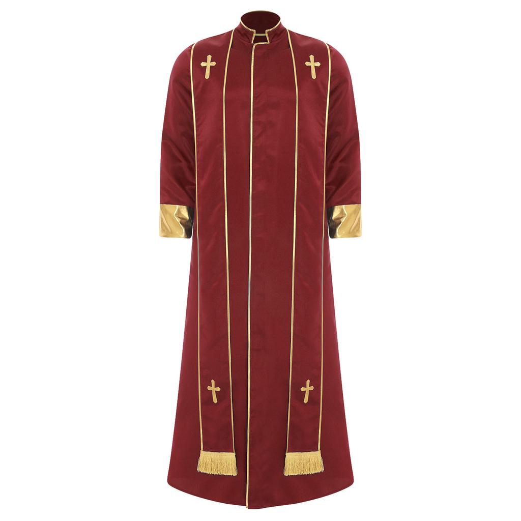 Herre Prestekostyme Kappe Ståkrage Langermet Glidelås foran Gullkors Messedrakt Vestmenter Katolsk Halloween Cosplay