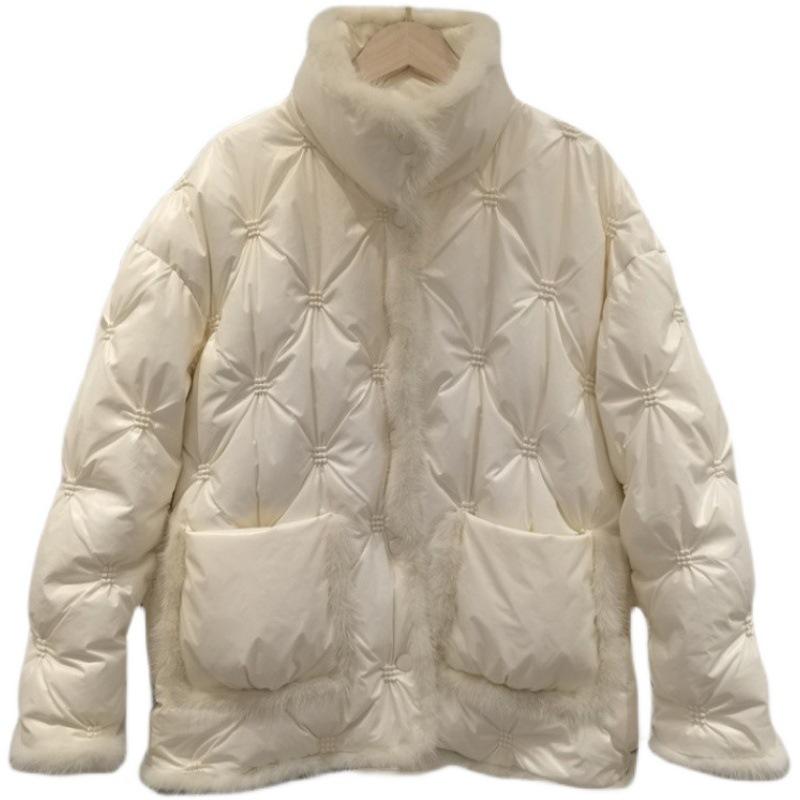 Women Autumn Winter White Duck Down Jacket Coat Padded Short Stand Fur Collar Single-breasted Pocket Loose Warm Solid Color