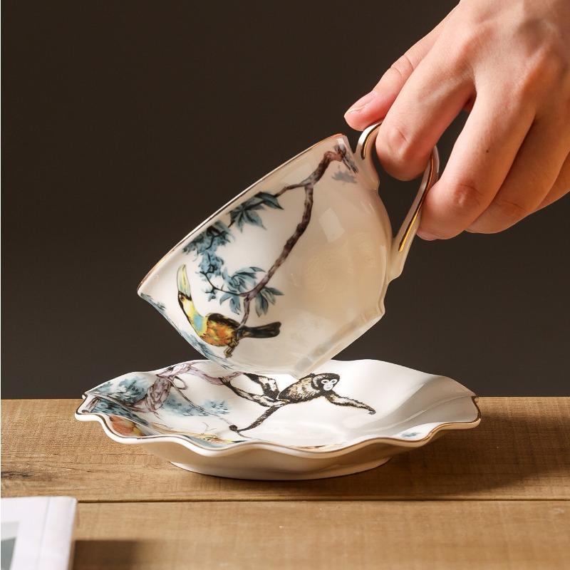 200ml Keramik Blumen Vögel Kaffeetasse Untertasse Sets Keramik Schwarztee Tasse Untertasse Nachmittagstee Paar Untertassen Wasserbecher Hausgeschenk