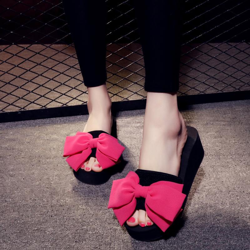 Bowknot Slippers Women Fashion Summer High Heels Thick Sole Anti Slip Slope Heel Outdoor Beach Cool Slippers Sandals Women