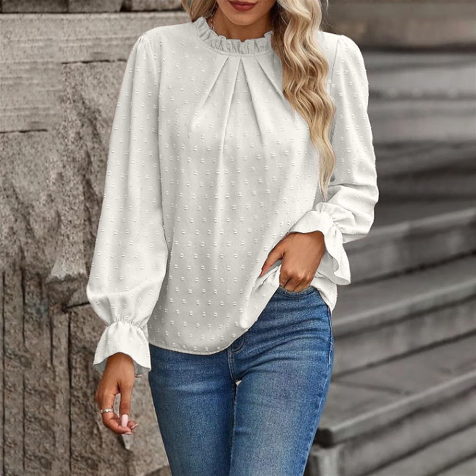 

Женский модный повседневный топ в горошек с плиссировкой, круглым вырезом, оборками и длинными рукавами, однотонный XL