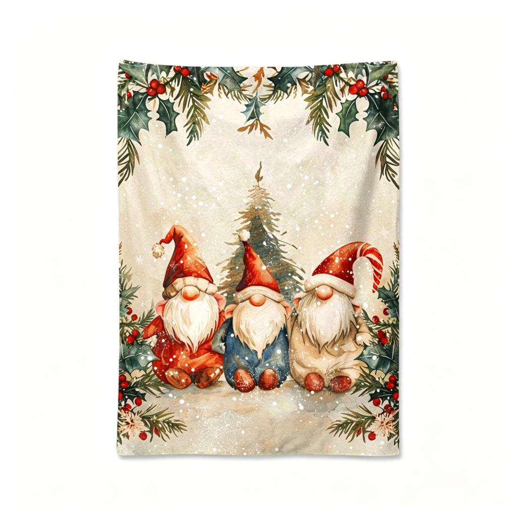 Christmas Gnome Dwarf Watercolor Print Flannel Blanket Winter Holly Soft Warm Throw Blanket Sofa Bed Xmas Home Decor Gift