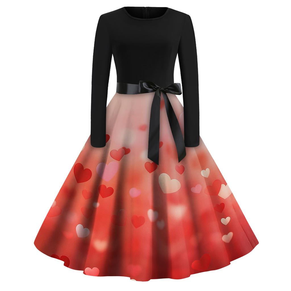 Women's Fashion Round Casual Slim Fit  Print Large Swing Long Sleeve Dress