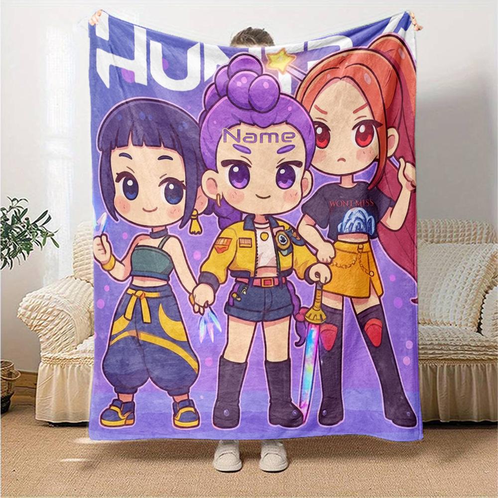 Custom Name Kpop Demon Hunters Theme Printed Blanket Perfect For Couch Bed Travel Outdoor Use Machine Washable Cozy Durable