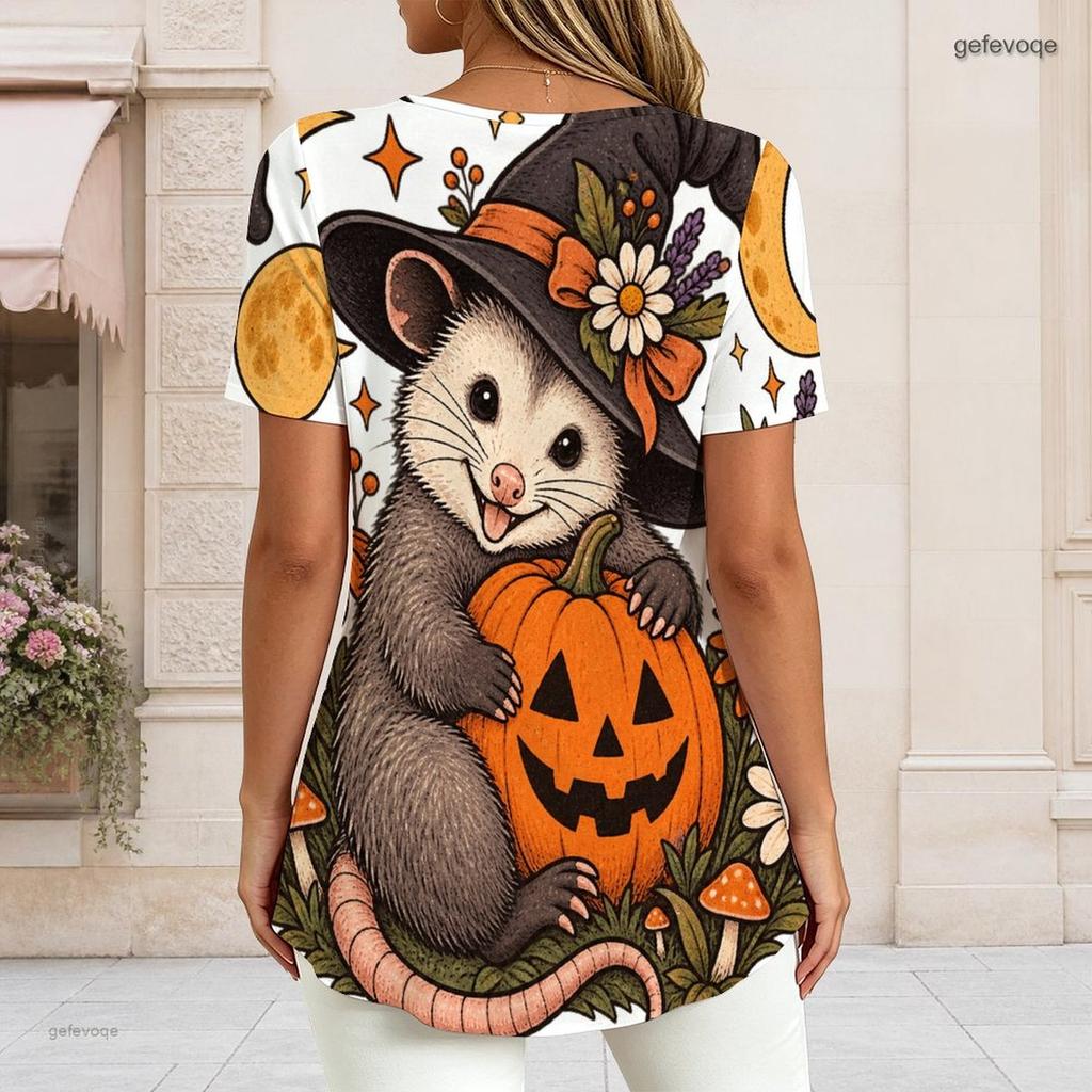 Women Plus Size Round Neck Short Sleeve T Shirt Opossum Witch Hat Pumpkin Floral Halloween Print Double Layer Front Top