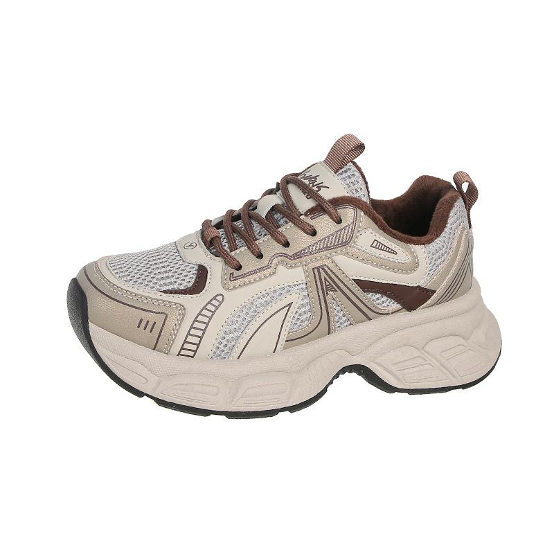 

2025 зимняя женская обувь теплая и бархатистая кожа кроссовки на высокой толстой подошве хлопковая спортивная и повседневная обувь сетчатые одинарные туфли 41 хаки