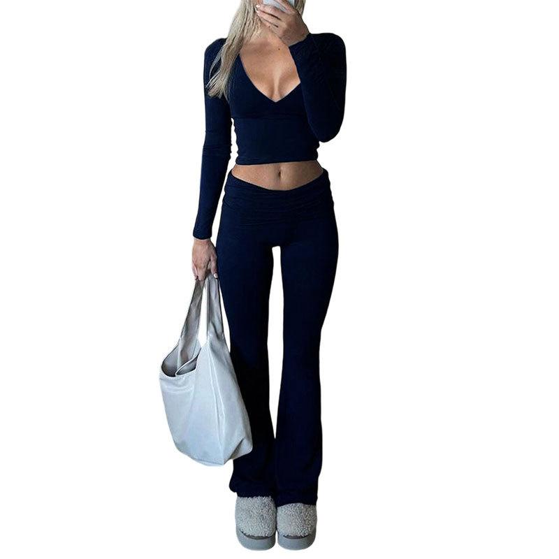 Autumn Women Deep V Neck Flared Pants Sport Casual Set For Women