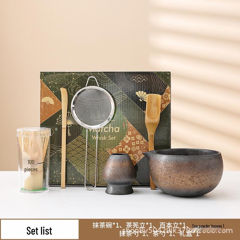 Japanese Gilded Iron Glaze Matcha Bowl and Whisk Holder - Retro Coarse Pottery for Tea Ceremony Accessories