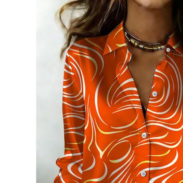 New orange-striped printed long-sleeved shirt, women's casual collar button-down shirt, creating a vibrant and artistic daily style
