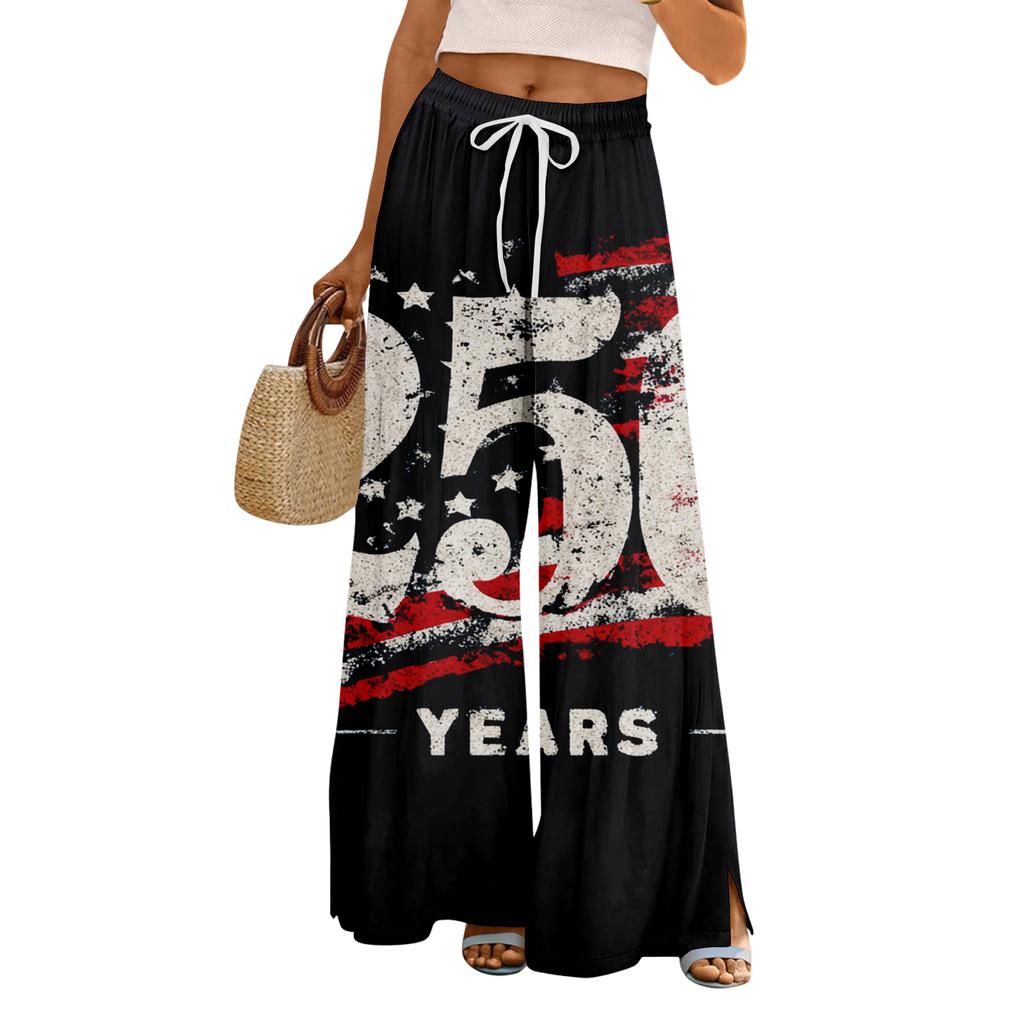 Women Summer Boho Palazzo Pants High Waist Wide Leg Floral Printing Casual Trousers With Pockets