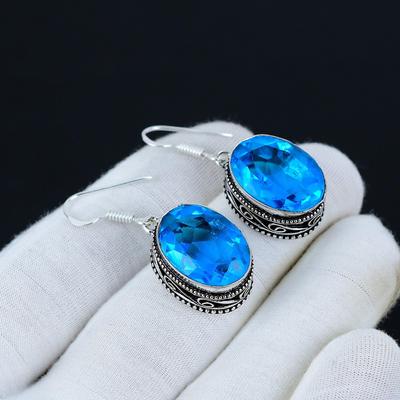 Swiss Blue Topaz Earring, 925 Sterling Silver Earring, Handmade Silver Earring, Antique Earring, Swiss Blue Topaz Gemstone, Gifts For Mother