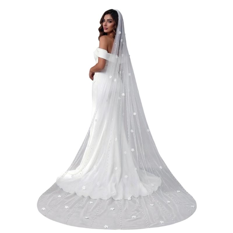 

Романтичные свадебные фаты с бусинами, длинные, U-образной формы, с шлейфом-часовней, для невесты, пляжной, церковной свадьбы и особых мероприятий, фотосессий белый