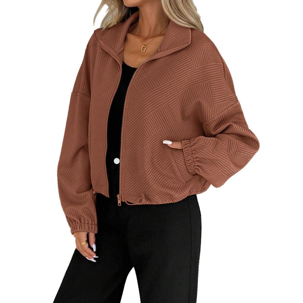 High Neck Zipper Jacket, Drawstring Hem, Pockets, Women's, Loose Fit, Baseball Jacket