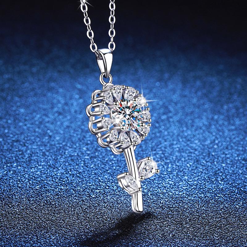 GRA Certified S925 Sterling Silver Necklace Pendant Sweater Chain with Sunflower Pendant and 1CT Moissanite Necklace for Women.