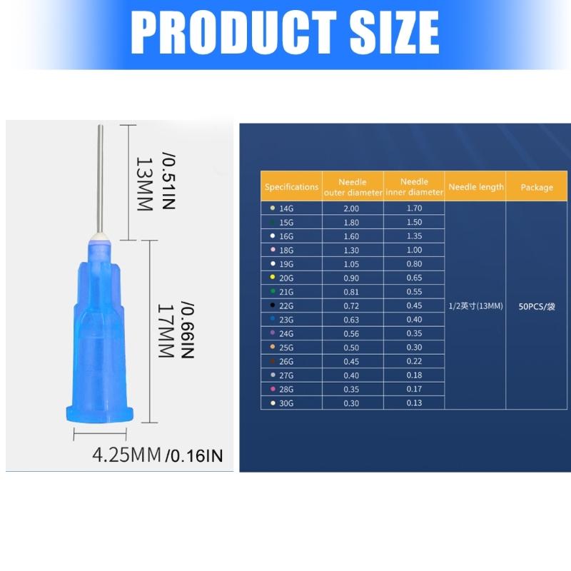 50Pcs 14G/15G/16G/18G/19G/20G/21G/22G/23G/24G/25G/26G/27G/28G/30G 1/2Inch Bluntly Tip Dispensing Needle for Liquid