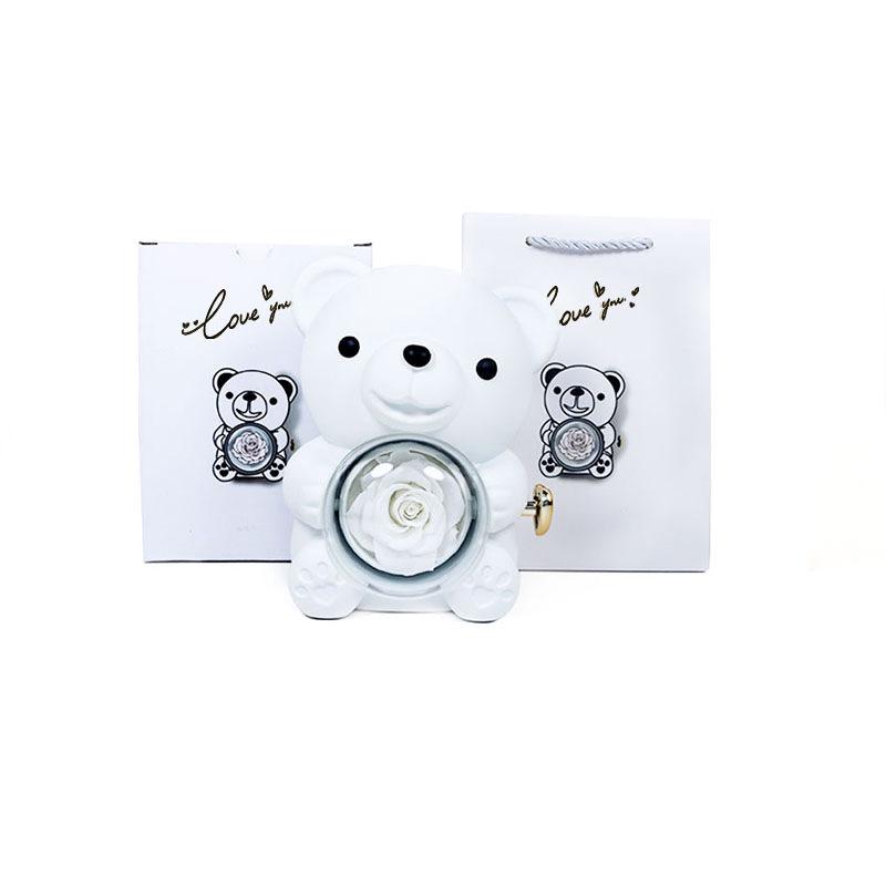 Rotating Teddy Bear Rose Jewelry Box with Preserved Flower - Charming Gift Idea for Rings and Necklaces