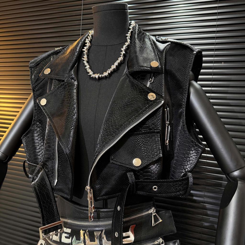 Snakeskin Pattern Vintage Punk PU Leather Vest Woman Motorcycle Techwear Waistcoat Cropped Top