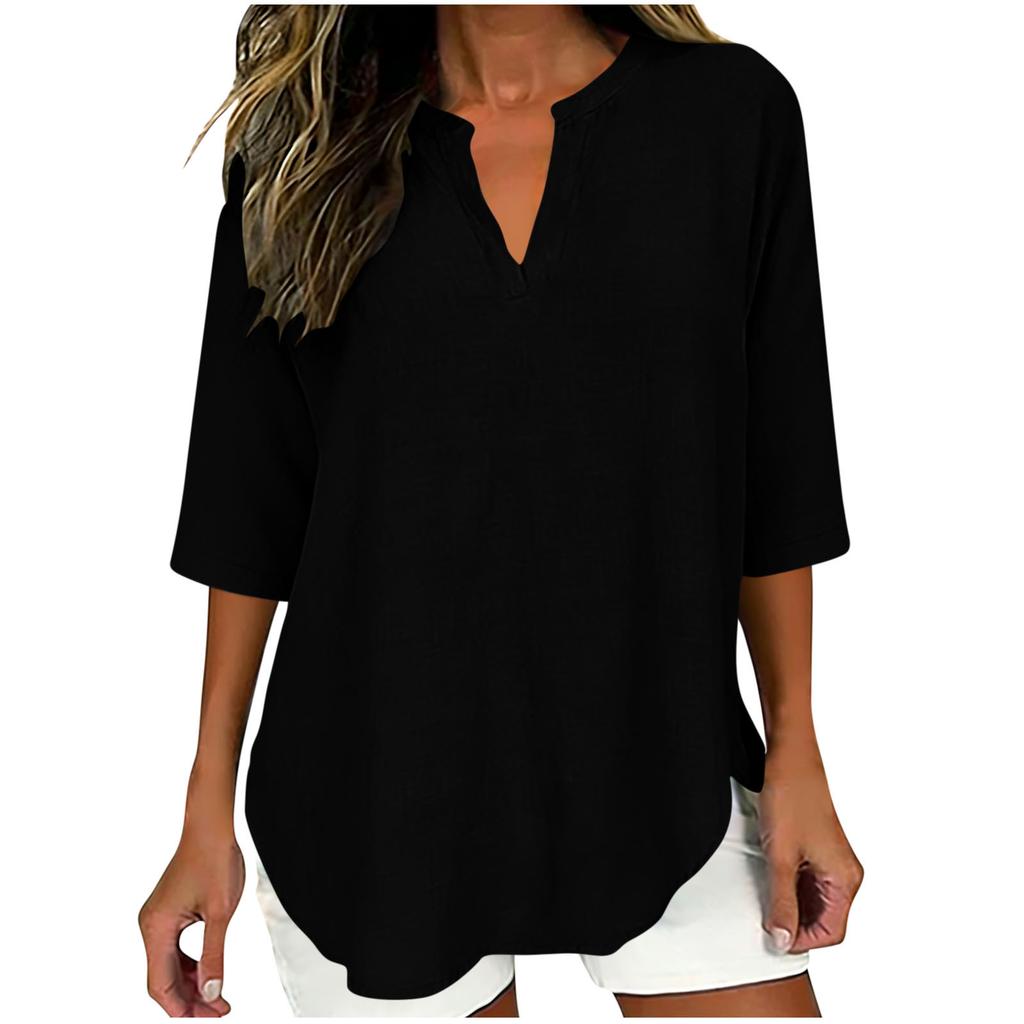 Womens Casual Loose Fit V Neck Three Quarter Sleeve Blouse Lightweight Pullover Tunic Top for Everyday Wear