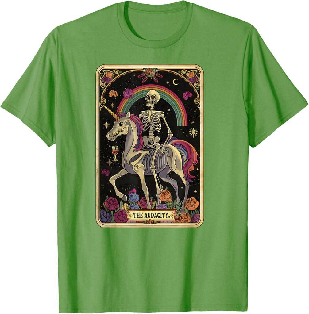 Skelett auf Einhorn reitend Tarot Die Kühnheit Grafik T-Shirt Lässiges Kurzarm Baumwoll-T-Shirt