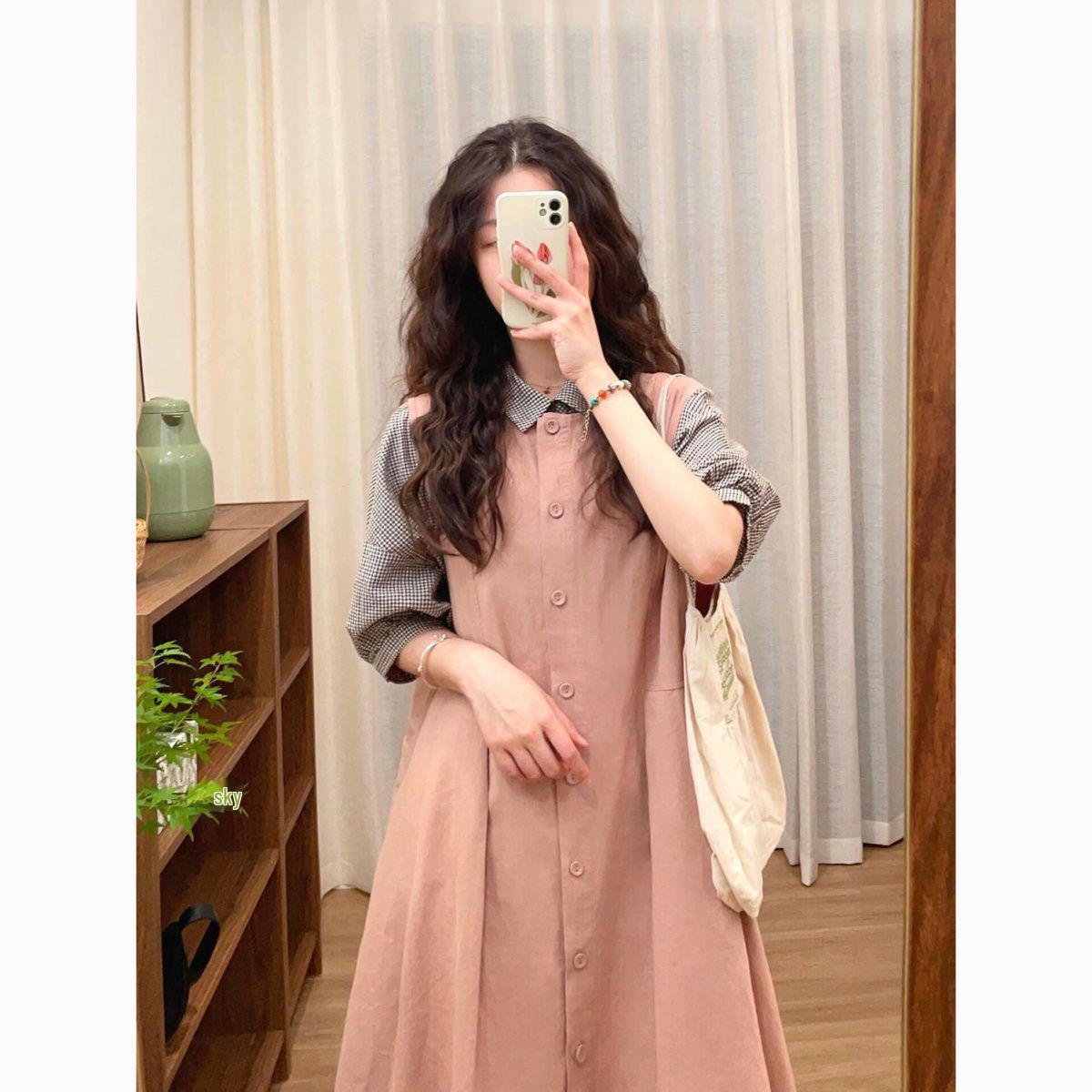 Japanese Retro Pink Vest Dress & Plaid Shirt Set L 106-115 lbs