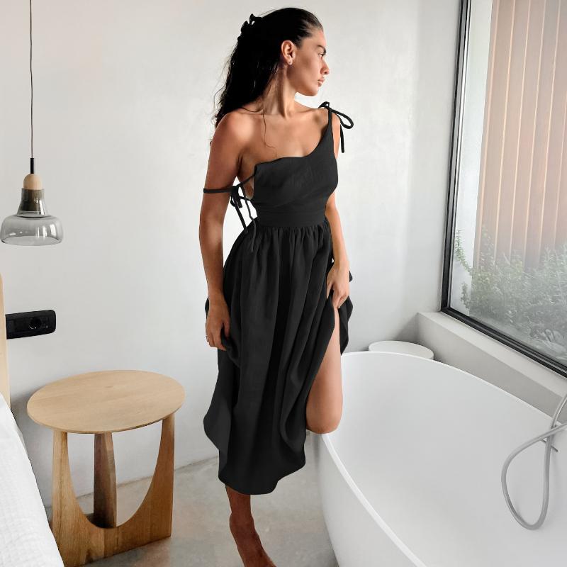 LYRIA French-style khaki cotton and linen breathable spaghetti-strap high-waisted dress, new European and American style, vacation style long dress